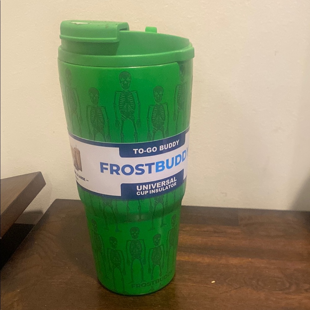FrostBuddy To-Go Universal Cup Insulator in Bright Green Shake My Bones Skeleton